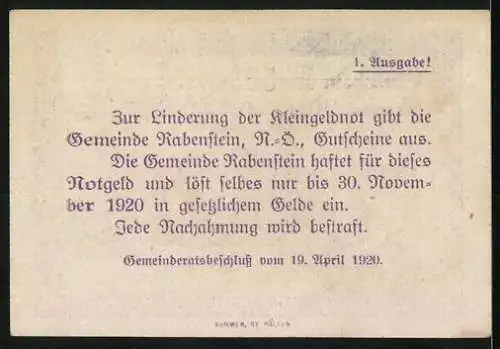 Notgeld Rabenstein 1920, 50 Heller, Ortsansicht und Text zur gesetzlichen Einlösung