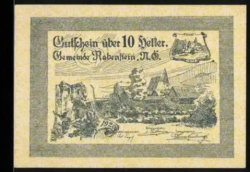 Notgeld Rabenstein 1920, 10 Heller, Dorfansicht, Wappen oben rechts