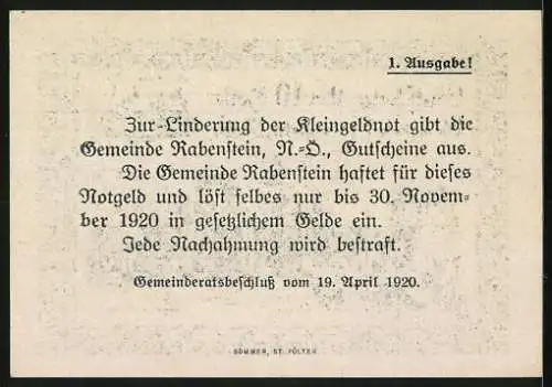 Notgeld Rabenstein 1920, 10 Heller, Dorfansicht, Wappen oben rechts