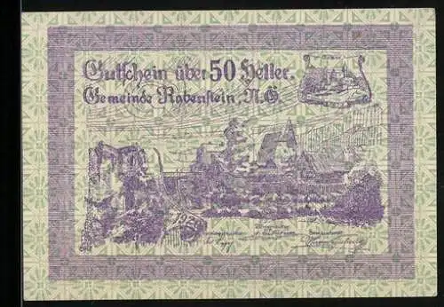 Notgeld Rabenstein 1920, 50 Heller, Ortsansicht und Landschaftsmotiv, 1. Ausgabe, Text zur Kleingeldknappheit