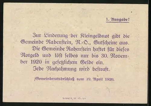 Notgeld Rabenstein 1920, 50 Heller, Ortsansicht und Landschaftsmotiv, 1. Ausgabe, Text zur Kleingeldknappheit