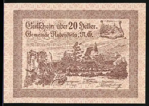 Notgeld Rabenstein 1920, 20 Heller, Landschaft mit Ortsansicht, Wappen und Jahreszahl 1920