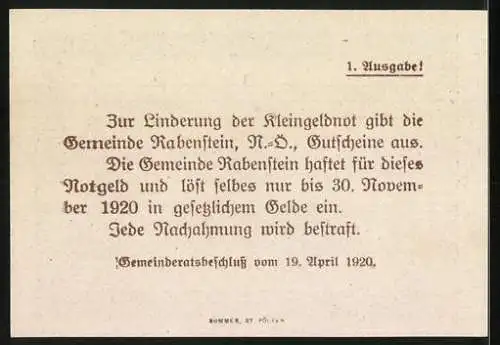 Notgeld Rabenstein 1920, 20 Heller, Landschaft mit Ortsansicht, Wappen und Jahreszahl 1920