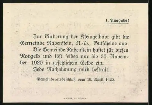 Notgeld Rabenstein 1920, 10 Heller, Landschaft und Dorf, 1. Ausgabe