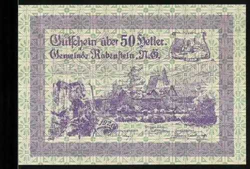 Notgeld Rabenstein 1920, 50 Heller, ländliche Szene und Text zur Ausgabe von Gutscheinen