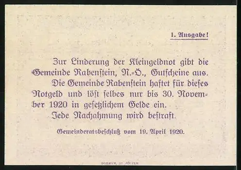 Notgeld Rabenstein 1920, 50 Heller, ländliche Szene und Text zur Ausgabe von Gutscheinen