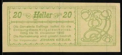 Notgeld Raffings 1920, 20 Heller, florales Motiv, gültig bis 31. Dezember 1920