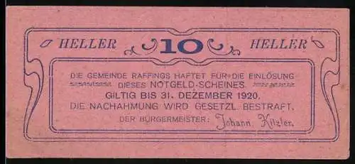 Notgeld Raffings 1920, 10 Heller, Gemeindehaftung, Gültig bis 31. Dezember 1920