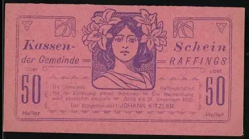 Notgeld Raffings 1920, 50 Heller, Frauenporträt mit Blumen und floralen Ornamenten