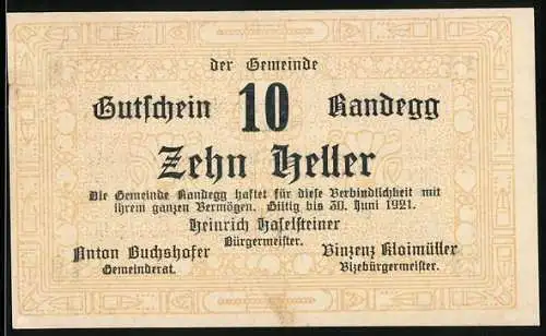 Notgeld Randegg 1921, 10 Heller, Gutschein der Gemeinde mit dekorativem Rahmenmuster