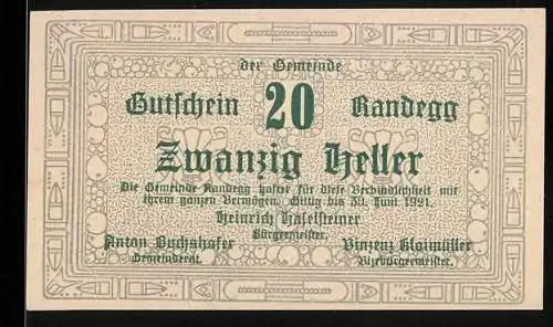 Notgeld Randegg 1921, 20 Heller, florales Muster, Text über Gültigkeit und Gemeindevertreter