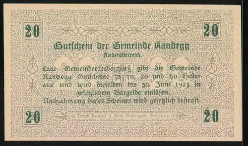 Notgeld Randegg 1921, 20 Heller, florales Muster, Text über Gültigkeit und Gemeindevertreter