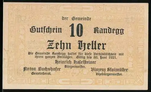 Notgeld Randegg 1921, 10 Heller, Gutschein der Gemeinde mit dekorativem Rahmen