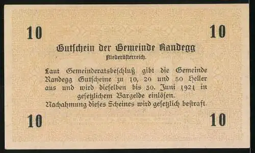 Notgeld Randegg 1921, 10 Heller, Gutschein der Gemeinde mit dekorativem Rahmen