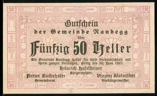 Notgeld Randegg 1921, 50 Heller, florales Muster und Text in dekorativem Rahmen