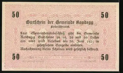 Notgeld Randegg 1921, 50 Heller, florales Muster und Text in dekorativem Rahmen