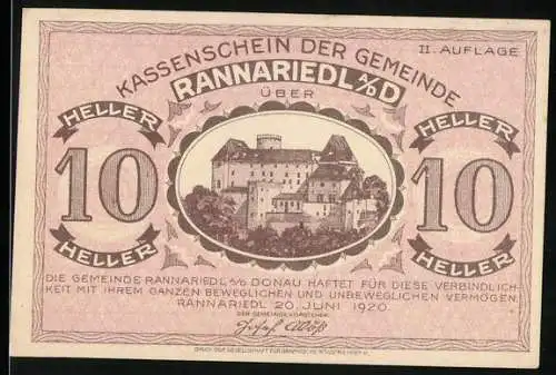 Notgeld Rannariedl 1920, 10 Heller, Schlossansicht, II. Auflage