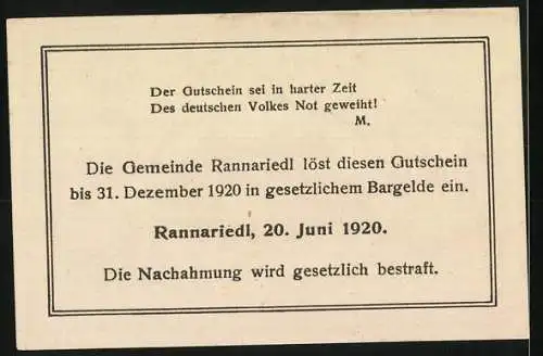 Notgeld Rannariedl 1920, 10 Heller, Schlossansicht, II. Auflage