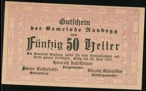 Notgeld Randegg 1921, 50 Heller, dekorativer Schriftzug und florales Muster