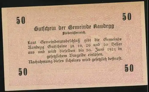 Notgeld Randegg 1921, 50 Heller, dekorativer Schriftzug und florales Muster