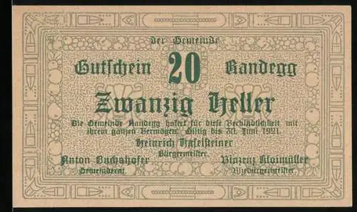 Notgeld Randegg 1921, 20 Heller, florales Muster und Textverzierung