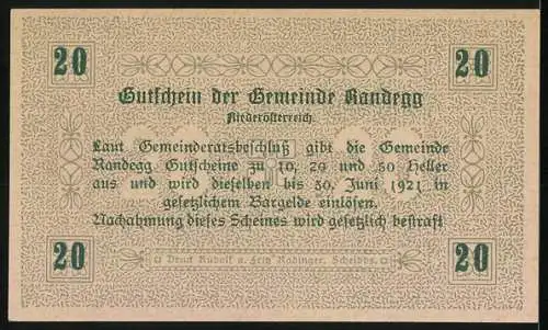 Notgeld Randegg 1921, 20 Heller, florales Muster und Textverzierung