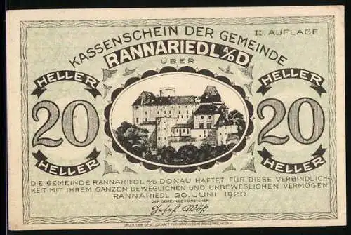 Notgeld Rannariedl 1920, 20 Heller, Schloss mit Text zur Einlösung und gesetzlicher Warnung