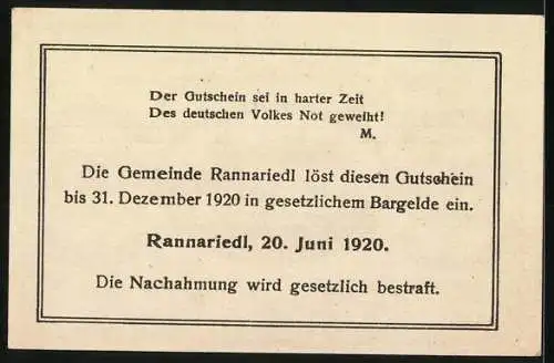 Notgeld Rannariedl 1920, 20 Heller, Schloss mit Text zur Einlösung und gesetzlicher Warnung