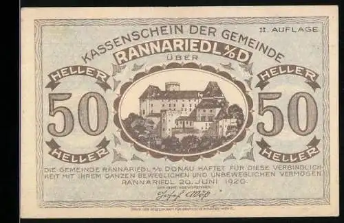 Notgeld Rannariedl 1920, 50 Heller, Burgansicht, II. Auflage