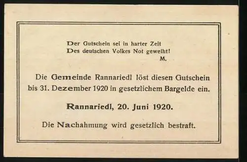 Notgeld Rannariedl 1920, 50 Heller, Burgansicht, II. Auflage