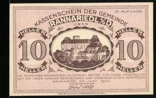 Notgeld Rannariedl 1920, 10 Heller, Burg-Motiv, II. Auflage