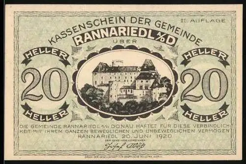 Notgeld Rannariedl 1920, 20 Heller, Schlossansicht, II. Auflage