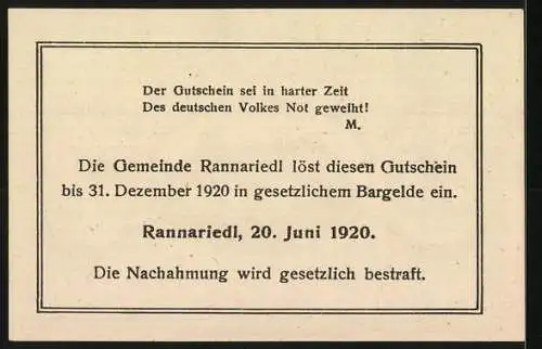 Notgeld Rannariedl 1920, 20 Heller, Schlossansicht, II. Auflage