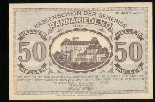 Notgeld Rannariedl 1920, 50 Heller, Burgabbildung, II. Auflage