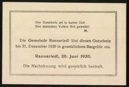 Notgeld Rannariedl 1920, 50 Heller, Burgabbildung, II. Auflage