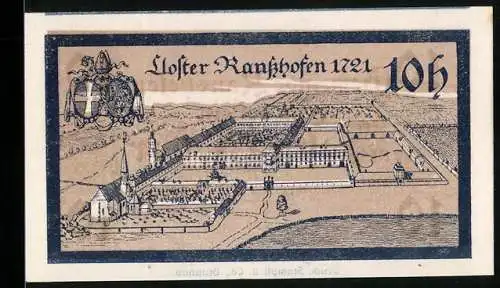 Notgeld Ranshofen 1920, 10 Heller, Klosteransicht und Wappen