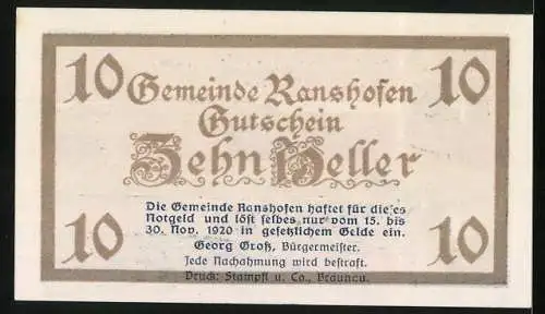 Notgeld Ranshofen 1920, 10 Heller, Klosteransicht und Wappen