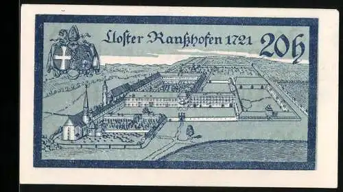 Notgeld Ranshofen 1920, 20 Heller, Klosteransicht und Wappen