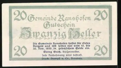 Notgeld Ranshofen 1920, 20 Heller, Klosteransicht und Wappen