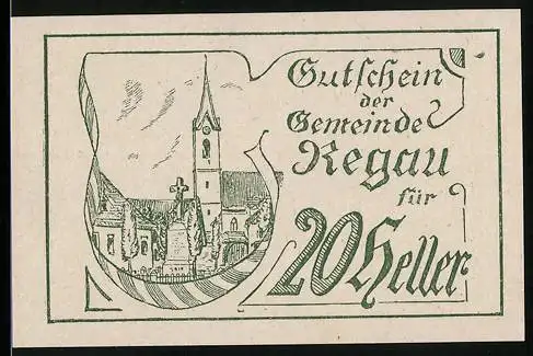 Notgeld Regau 1920, 20 Heller, Kirche und Dorfansicht, Gutscheintext mit Unterschriften