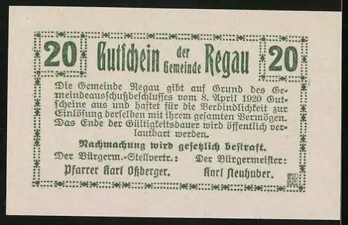 Notgeld Regau 1920, 20 Heller, Kirche und Dorfansicht, Gutscheintext mit Unterschriften