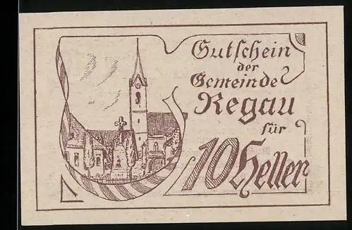 Notgeld Regau 1920, 10 Heller, Dorfkirche und Text mit Unterschriften und Rahmenmuster