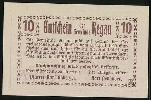 Notgeld Regau 1920, 10 Heller, Dorfkirche und Text mit Unterschriften und Rahmenmuster