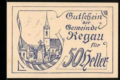 Notgeld Regau 1920, 50 Heller, Stadtansicht mit Kirche und Verzierungen