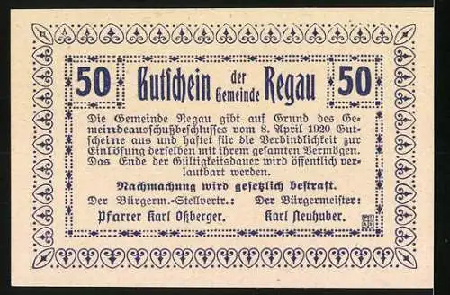 Notgeld Regau 1920, 50 Heller, Stadtansicht mit Kirche und Verzierungen