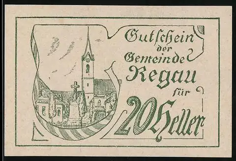 Notgeld Regau 1920, 20 Heller, Kirche und Ortsansicht, mit Text und Unterschriften