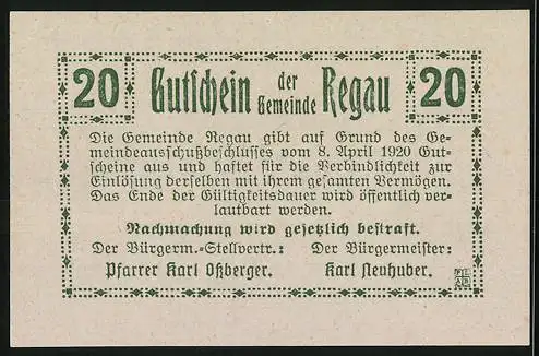 Notgeld Regau 1920, 20 Heller, Kirche und Ortsansicht, mit Text und Unterschriften