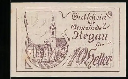 Notgeld Regau 1920, 10 Heller, Kirche und Textmotiv, Gutschein der Gemeinde Regau