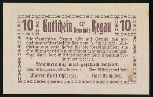 Notgeld Regau 1920, 10 Heller, Kirche und Textmotiv, Gutschein der Gemeinde Regau