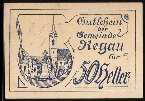 Notgeld Regau 1920, 50 Heller, Ortsansicht mit Kirche und Kreuz, dekorative Bordüre, Gutscheintext